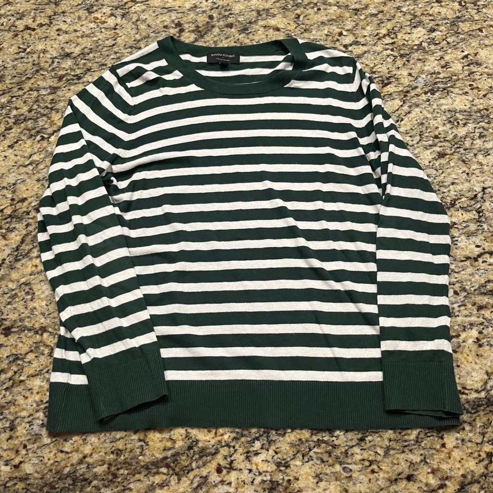 Bananaโ Republic Forever Sweater Mens XL Green White Striped Crew Neck Knit